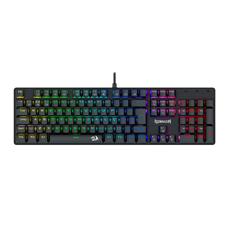 Teclado Mecanico Gamer Redragon Sindri, Rainbow, Switch Marrom, USB, Preto, K671