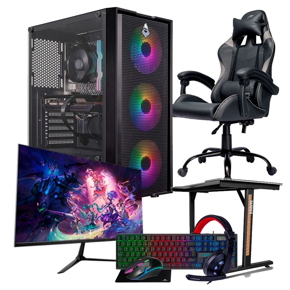 PC Gamer Completo Pichau, Intel i5-12400F, Radeon RX 9060 8GB, 16GB DDR4, SSD 480GB + Monitor + Kit Periféricos + Cadeira + Mesa