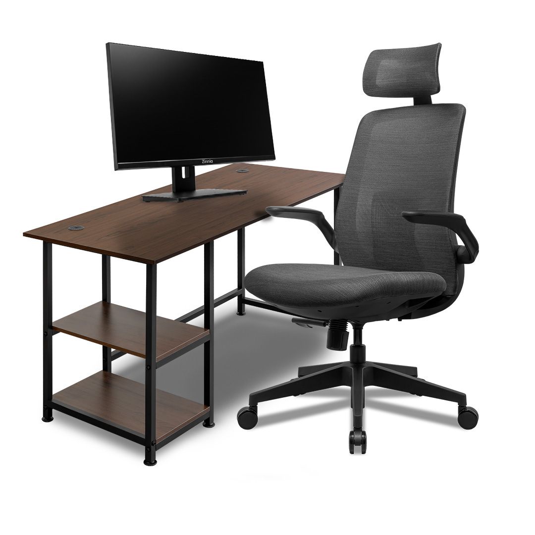 Kit office, Mesa Para Escritorio Zinnia ZNO140, 140cm, Madeira, Cadeira Office Zinnia Venecia, Preto, Monitor Zinnia Zeugo, 27 Pol