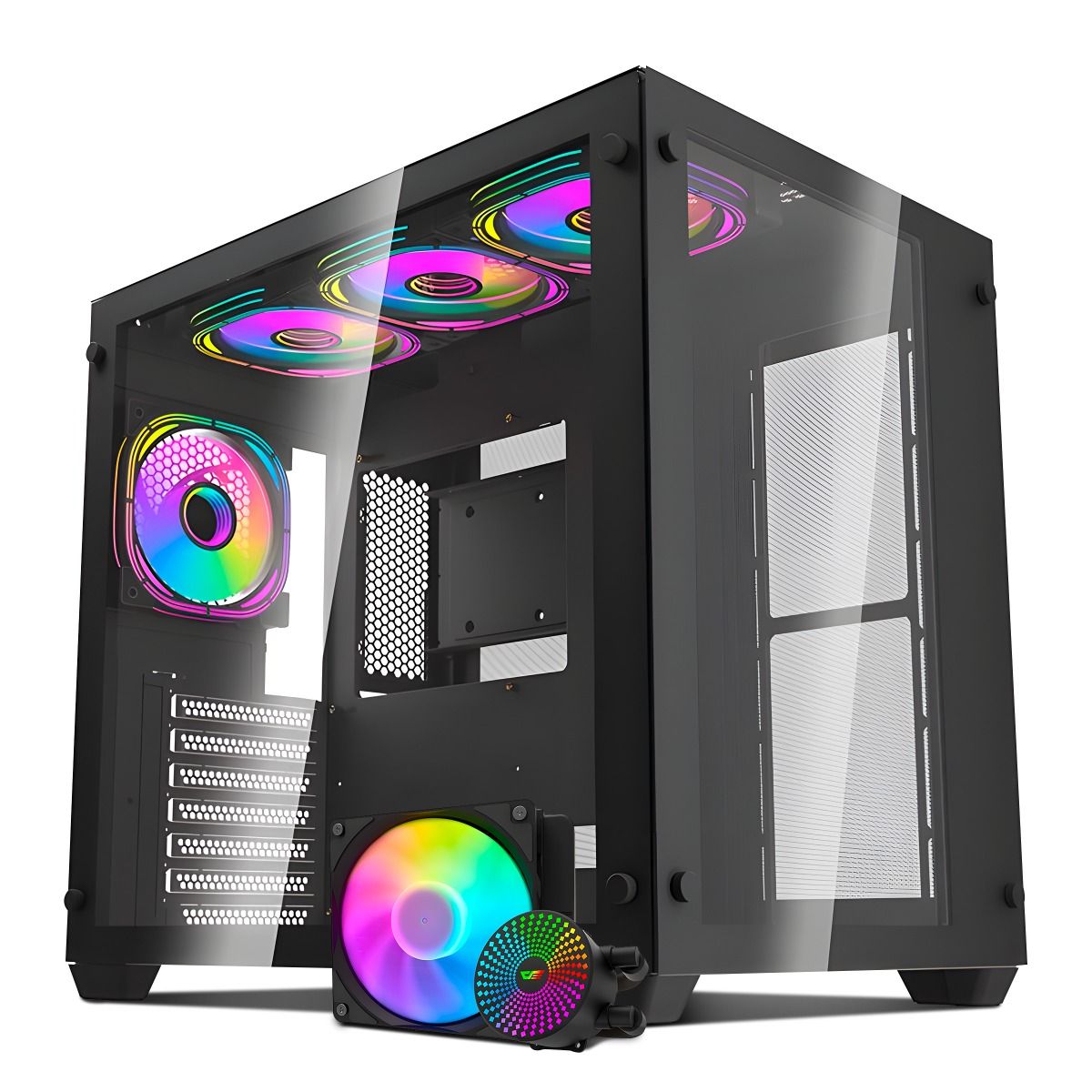 Kit Gabinete Gamer Aigo Darkflash C285, ARGB, Mid-Tower, Lateral de Vidro, Com 4 Fans, Preto, Water Cooler Aigo Darkflash Radiant DC120, ARGB, 120mm, Preto