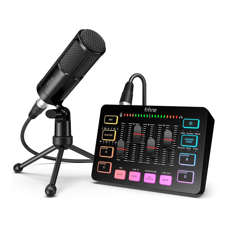 Kit Microfone Dinamico e Audio Mixer Fifine KS3, RGB, USB-C/XLR, Preto, KS3-BLK