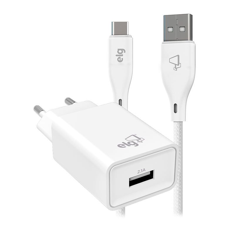 Kit Carregador USB Tipo-C ELG, 1m, Branco, KTC10WC