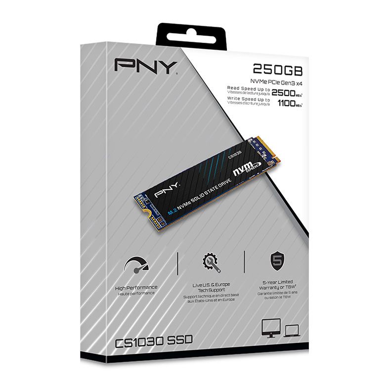 SSD PNY CS1030, 250GB, M.2 2280, PCIe NVMe, Leitura 2500 MB/s, Gravacao 1100 MB/s, M280CS1030-250-RB