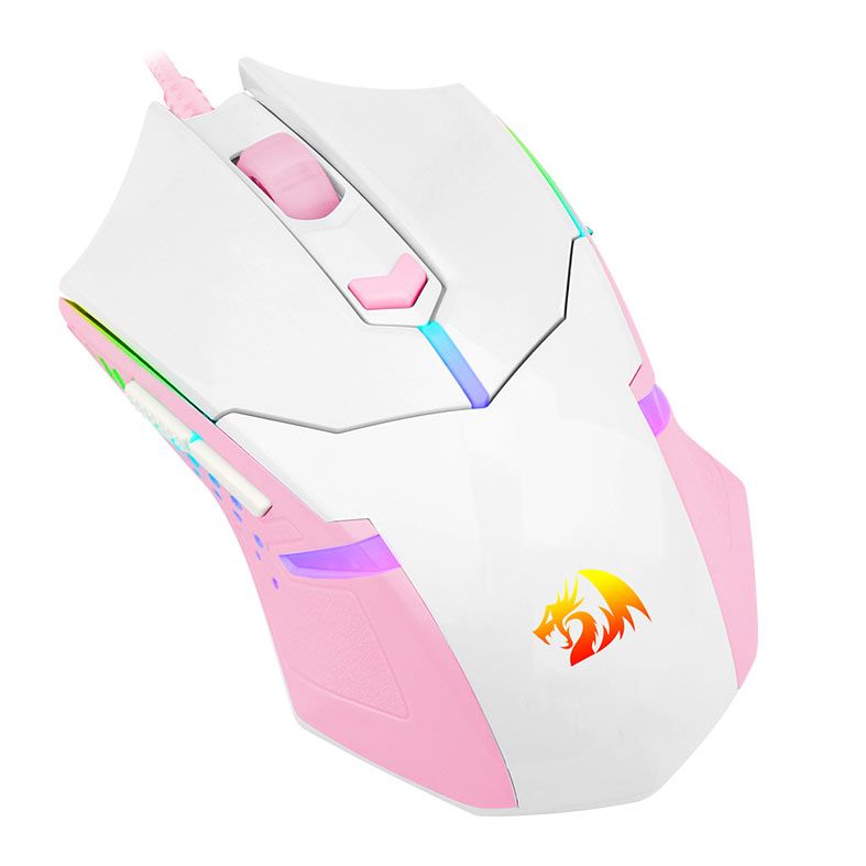 Mouse Gamer Redragon Centrophorus 2, RGB, 7200DPI, 6 Botoes, Branco E Rosa, M601WP-RGB