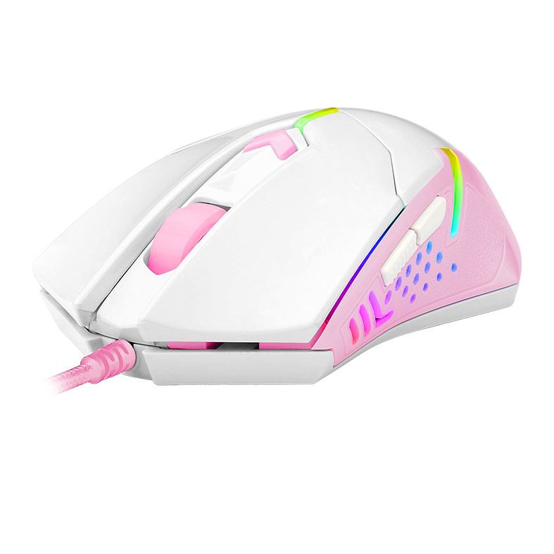 Mouse Gamer Redragon Centrophorus 2, RGB, 7200DPI, 6 Botoes, Branco E Rosa, M601WP-RGB