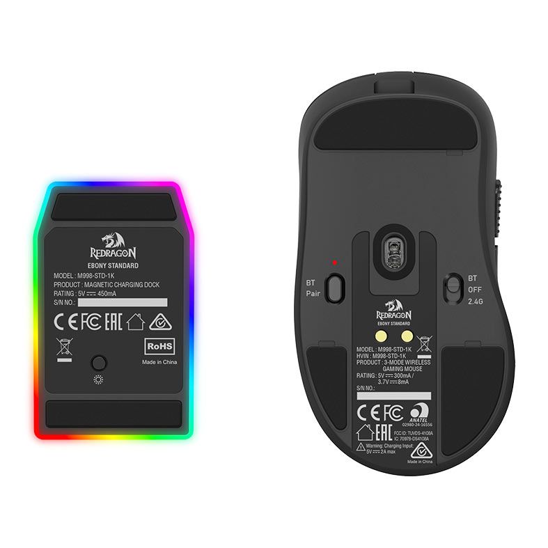 Mouse Gamer Redragon Ebony Standard, 24000DPI, 6 Botoes, Tri-Mode, Preto, M998-STD-1K