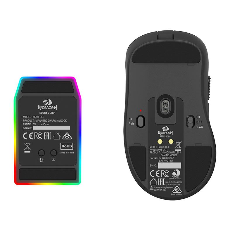 Mouse Redragon Ebony Ultra, RGB, 30000 DPI, 6 Botoes, Com Base de Carregamento, Tri-Mode, Preto, M998-ULT