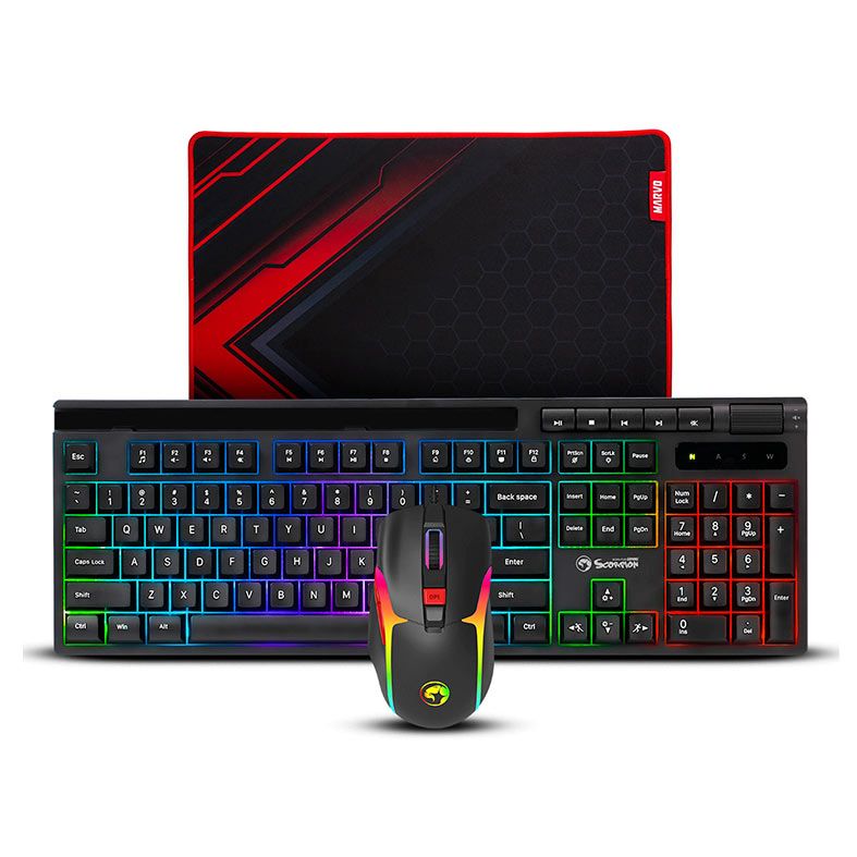 Kit Marvo 01, Teclado Gamer Rainbow USB, Mouse 12800DPI USB, Mousepad 350x300x3mm, Preto, MARVO-KIT01