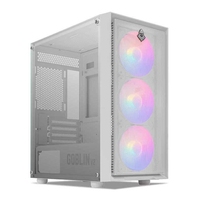 Gabinete Gamer Mancer Goblin V2, Mid Tower, Lateral De Vidro, Com 3 Fans Rainbow, Branco, MCR-GBNV2-WH