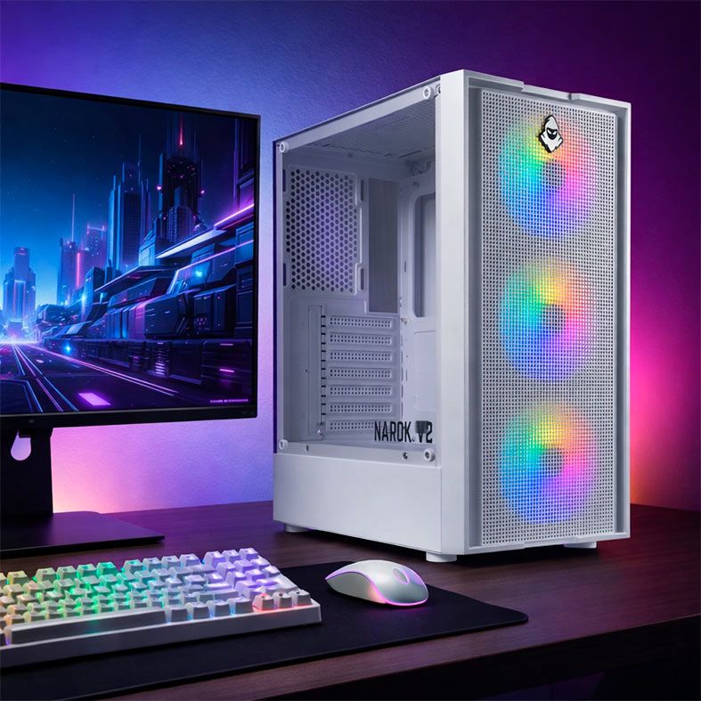 Gabinete Gamer Mancer Narok V2, Rainbow, Mid-Tower, Lateral de Vidro, Com 3 Fans, Branco, MCR-NRKWH-V2