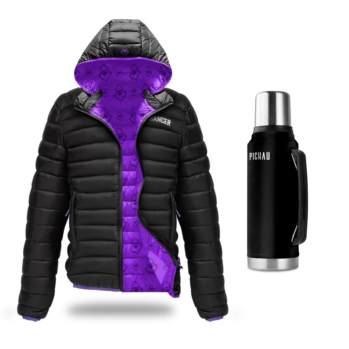 Kit Jaqueta Puffer Mancer, GG + Garrafa Térmica Pichau, Preto