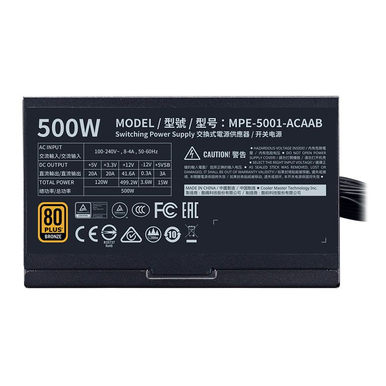Fonte Cooler Master MWE 500 V2, 500W, 80 Plus Bronze, Preta, MPE-5001-ACAAB-WO