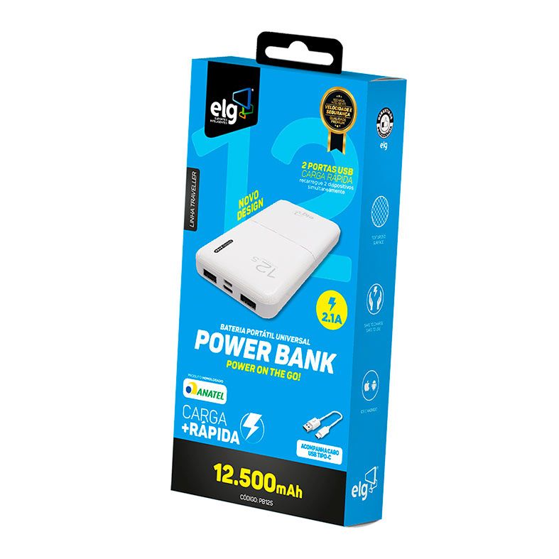 Power Bank ELG Com USB Tipo-C 12500mAh, Branco, PB125