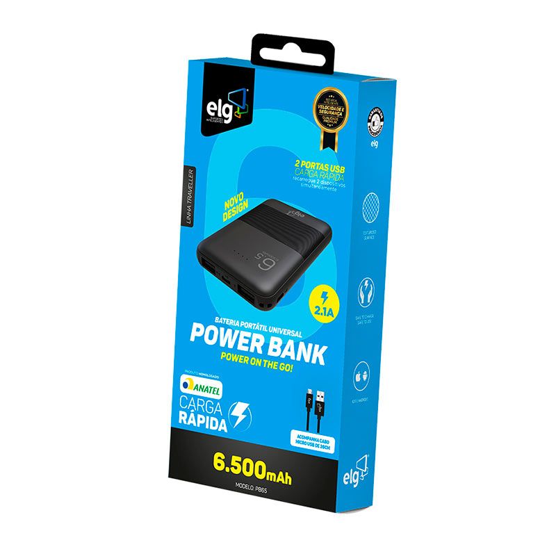 Power Bank ELG Com Micro USB 6500mAh, Preto, PB65