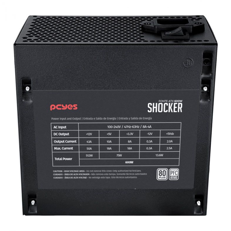 Fonte Gamer Pcyes Shocker, 600W, 80 Plus White, Preto, PF600SHW
