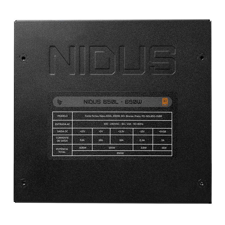 Fonte Pichau Nidus 650L, 650W, 80 Plus Bronze, Preto, PG-NDL650-01BR