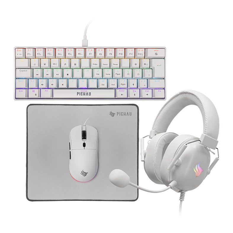Combo Gamer Pichau Netuno V2 4x1, Rainbow, Teclado Mecanico ABNT2, Mouse 4200DPI, Mousepad Medio, Headset Drivers 50mm, Branco, PG-NTNX-WH01