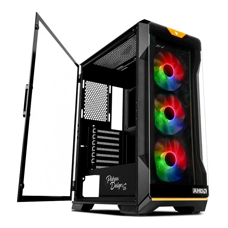 Gabinete Gamer Pichau Pouter 3 RGB AMD SE, Mid-Tower, Lateral de Vidro, Com 3 Fans, Preto, PG-P03AM-SE