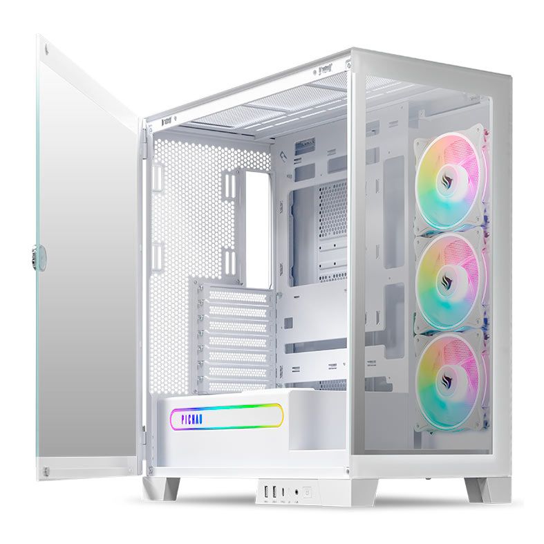 Gabinete Gamer Pichau Pouter 4, RGB, Lateral e Frontal De Vidro, Com 3 Fans, Branco, PG-PO4-WH-3F