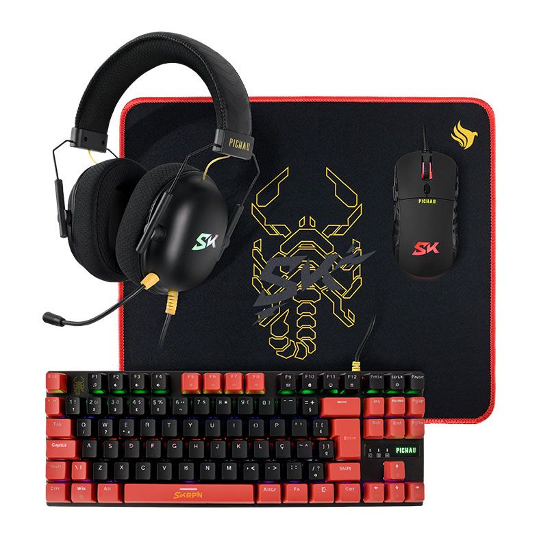 Combo Gamer Pichau Netuno Skorpion 4x1, Teclado Mecanico ABNT2, Mouse 12800DPI, Mousepad Medio, Headset Drivers 50mm, PG-SKP-BLK01