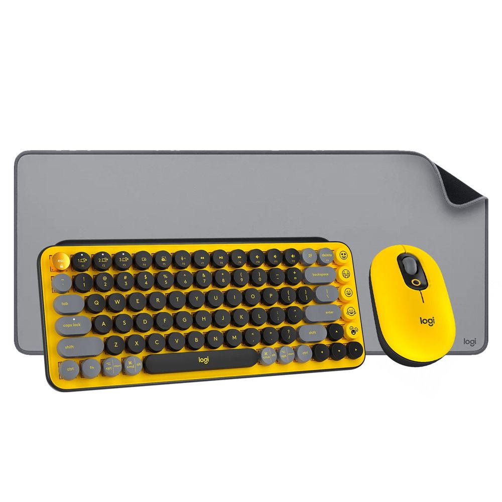 Kit teclado, mouse e Mousepad, Teclado Mecanico Logitech Pop Keys, Wireless, Amarelo Blast + Mouse Logitech Pop Mouse, 4 Botoes, Amarelo Blast + Mousepad Logitech Desk Mat, Grande, Cinza