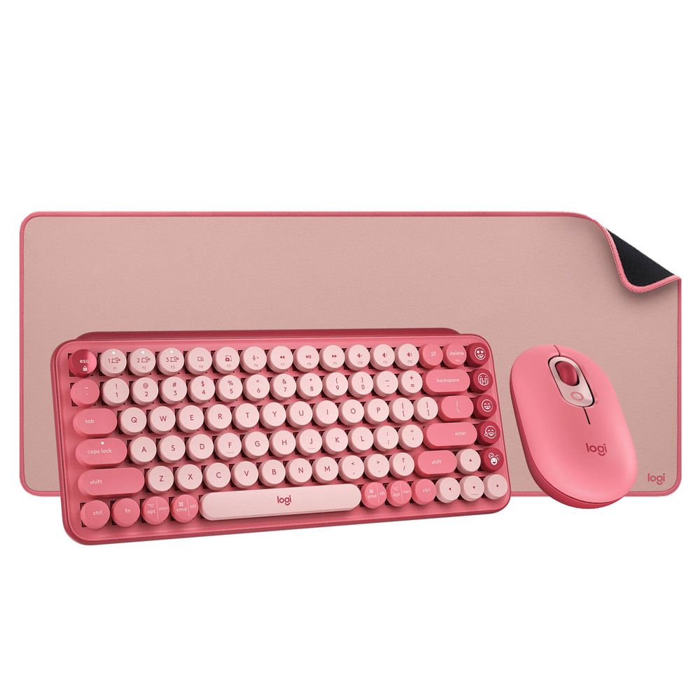 Kit teclado, mouse e Mousepad, Teclado Mecanico Logitech Pop Keys, Wireless, Heartbreaker + Mouse Logitech Pop Mouse, 4 Botoes, Heartbreaker + Mousepad Logitech Desk Mat, Grande, Rosa