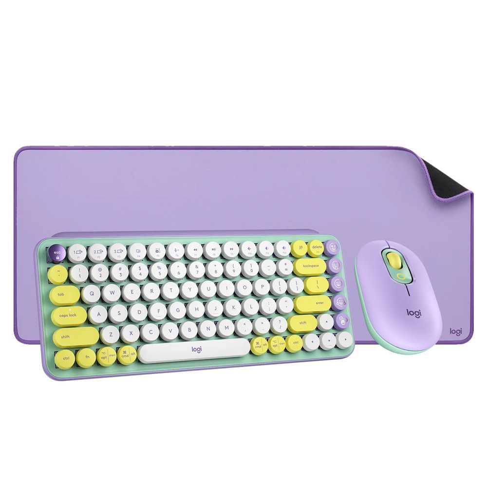 Kit teclado, mouse e Mousepad, Teclado Mecanico Logitech Pop Keys, Wireless, Daydream + Mouse Logitech Pop Mouse, 4 Botoes, Daydream + Mousepad Logitech Desk Mat, Grande, Lilas