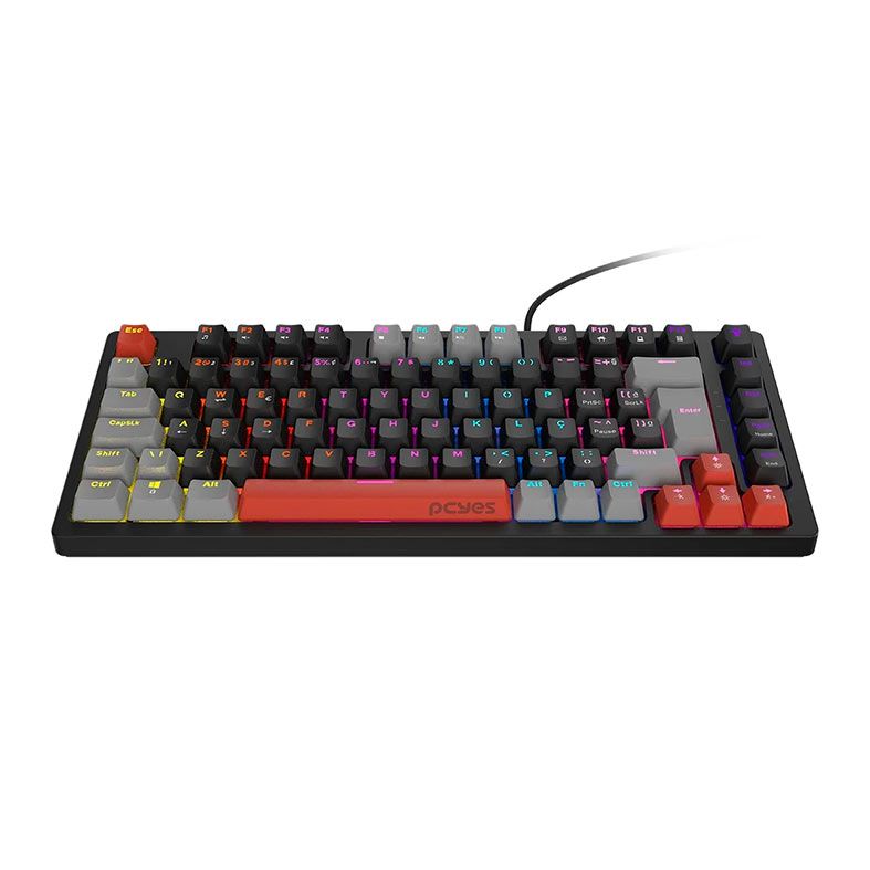 Teclado Mecanico Gamer PCYes Kirin Black Vulcan, 75%, Raimbow, ABNT2, Switch Blue, Preto e Vermelho, PTKR75BL