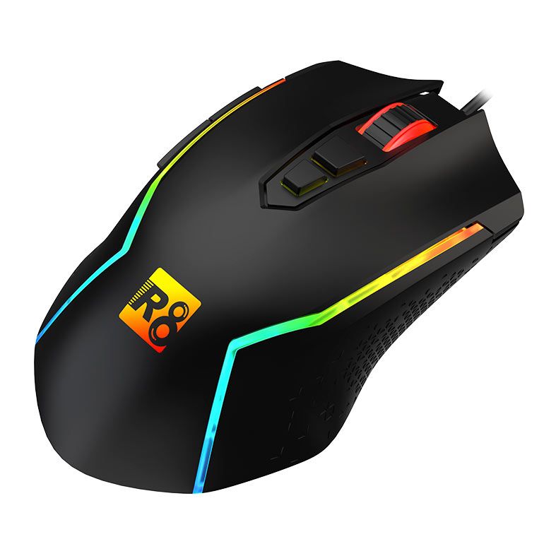 Mouse Gamer R8 G203, RGB, 7200 DPI, 7 Botoes, USB, Preto, R8-G203-BK