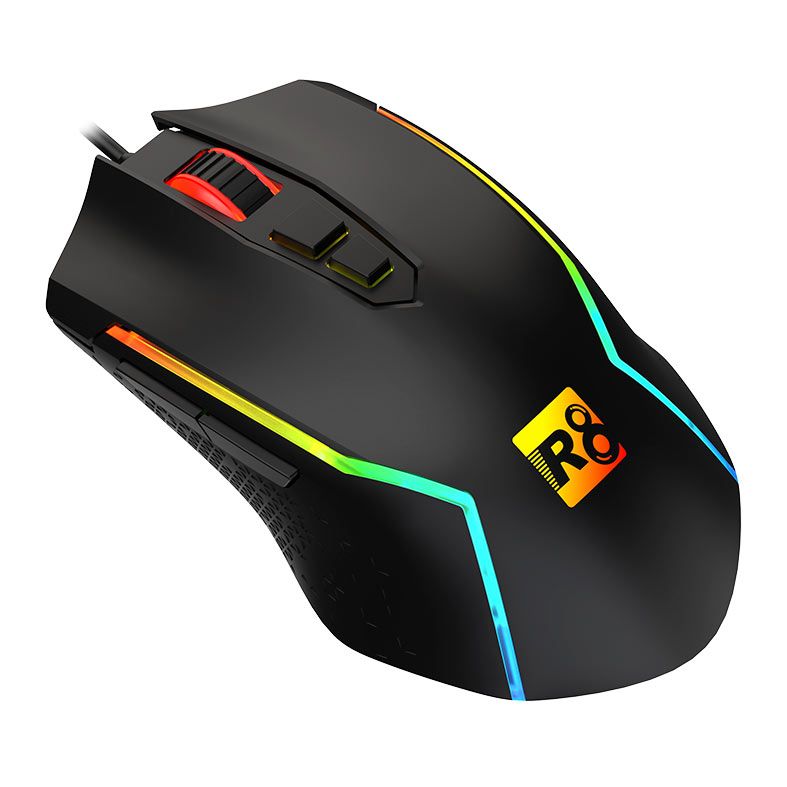 Mouse Gamer R8 G203, RGB, 7200 DPI, 7 Botoes, USB, Preto, R8-G203-BK