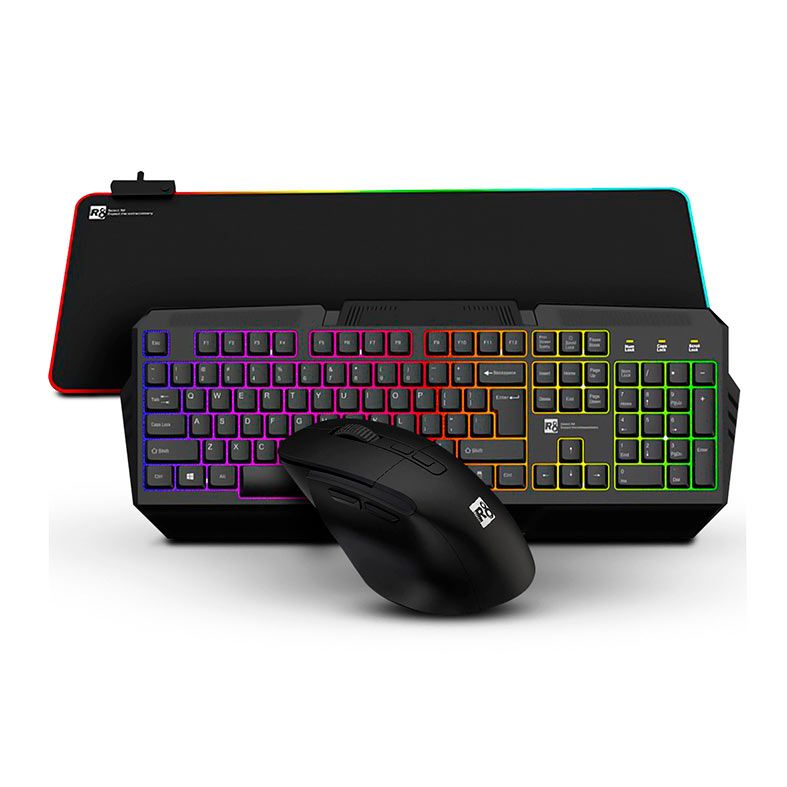Kit R8 01, Teclado Gamer Rainbow USB, Mouse 1600DPI Wireless, Mousepad RGB 800x300x3mm, Preto, R8-KIT01