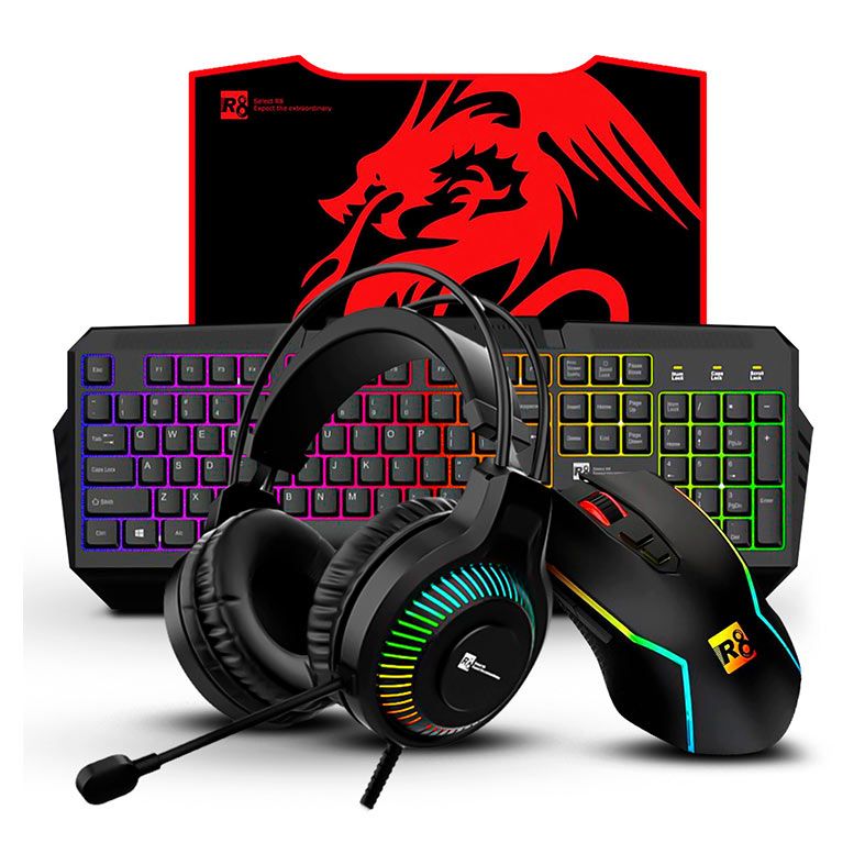 Kit R8 03, Teclado Gamer Rainbow USB, Mouse 7200DPI RGB, Headset Driver 50mm, Mousepad 300x250x3mm, Preto, R8-KIT03