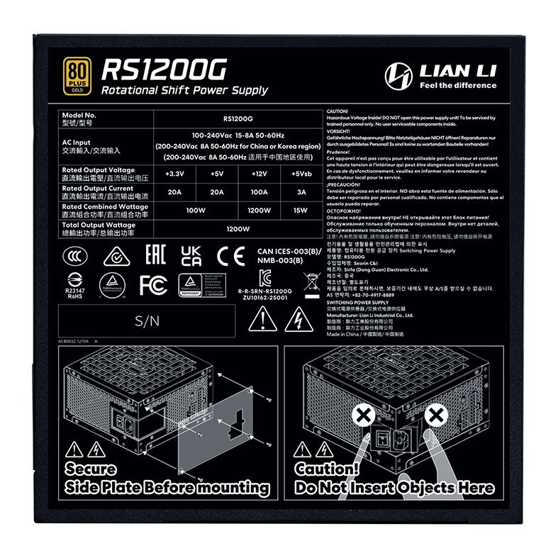 Fonte Lian Li RS1200G BR, 1200W, Full Modular, 80 Plus Gold, Preto, RS1200G
