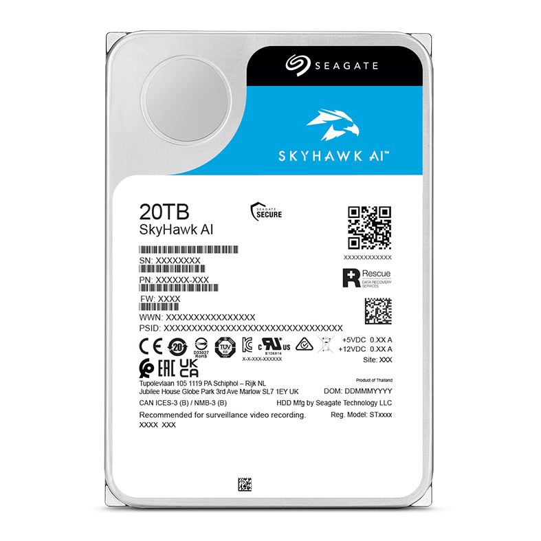 HD Seagate Skyhawk AI, 20TB, 3.5, 7200RPM, Sata III 6GB/s, Cache 512MB, ST20000VE003