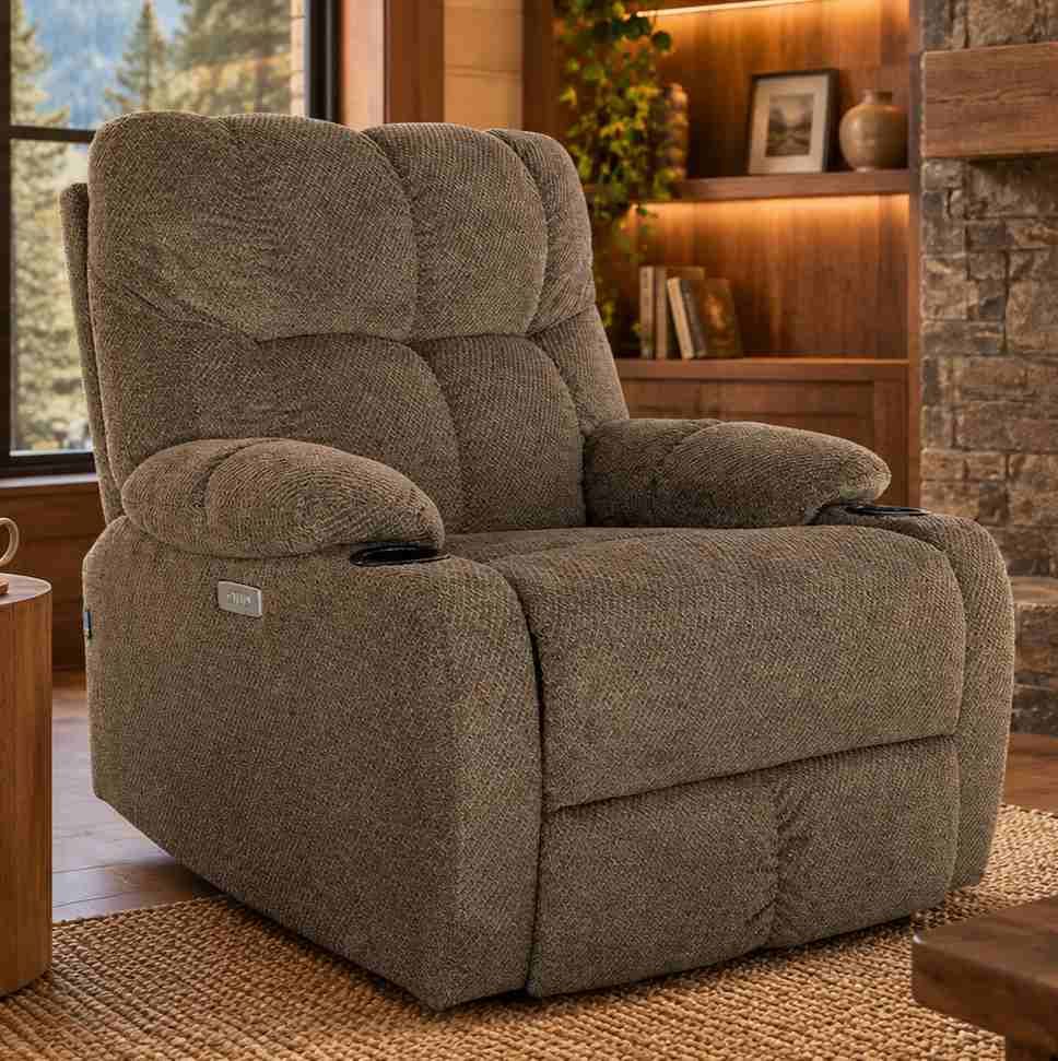 Poltrona Eletrica Reclinavel Zinnia Suri, Tecido Veludo Jacquard, Bege Escuro, ZNC-SRI-BG01