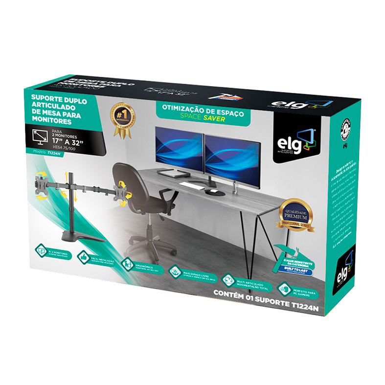Suporte Duplo Articulado de Mesa Para 2 Monitores ELG. 17 Pol. a 32 Pol., Preto, T1224N