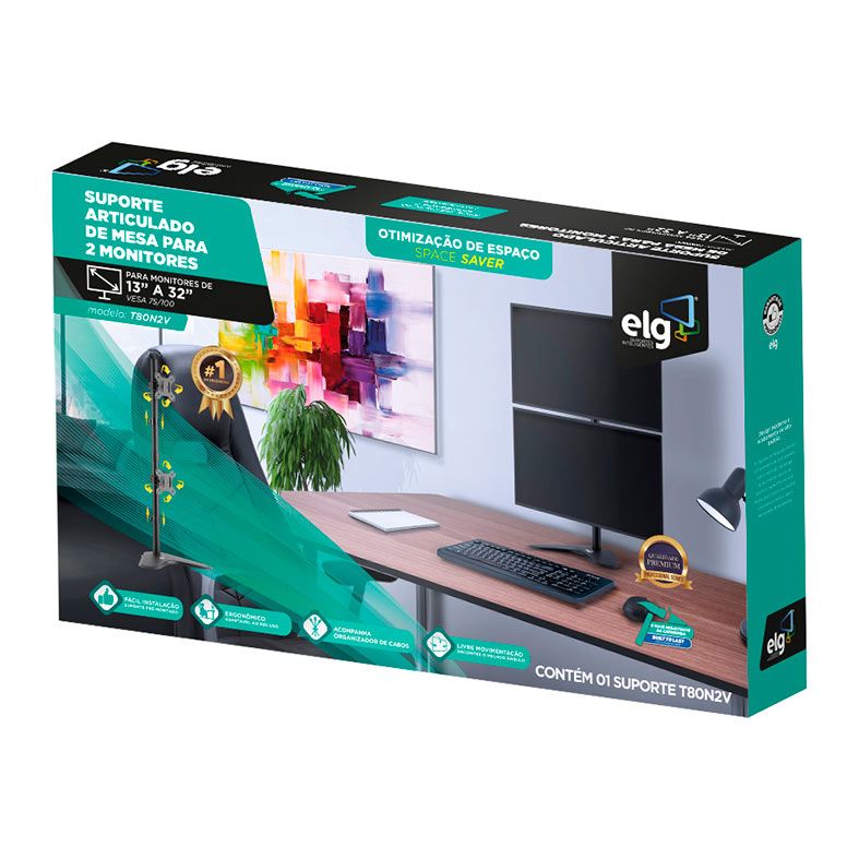 Suporte Articulado de Mesa Para 2 Monitores ELG, 15 Pol. a 32 Pol., Preto, T80N2V