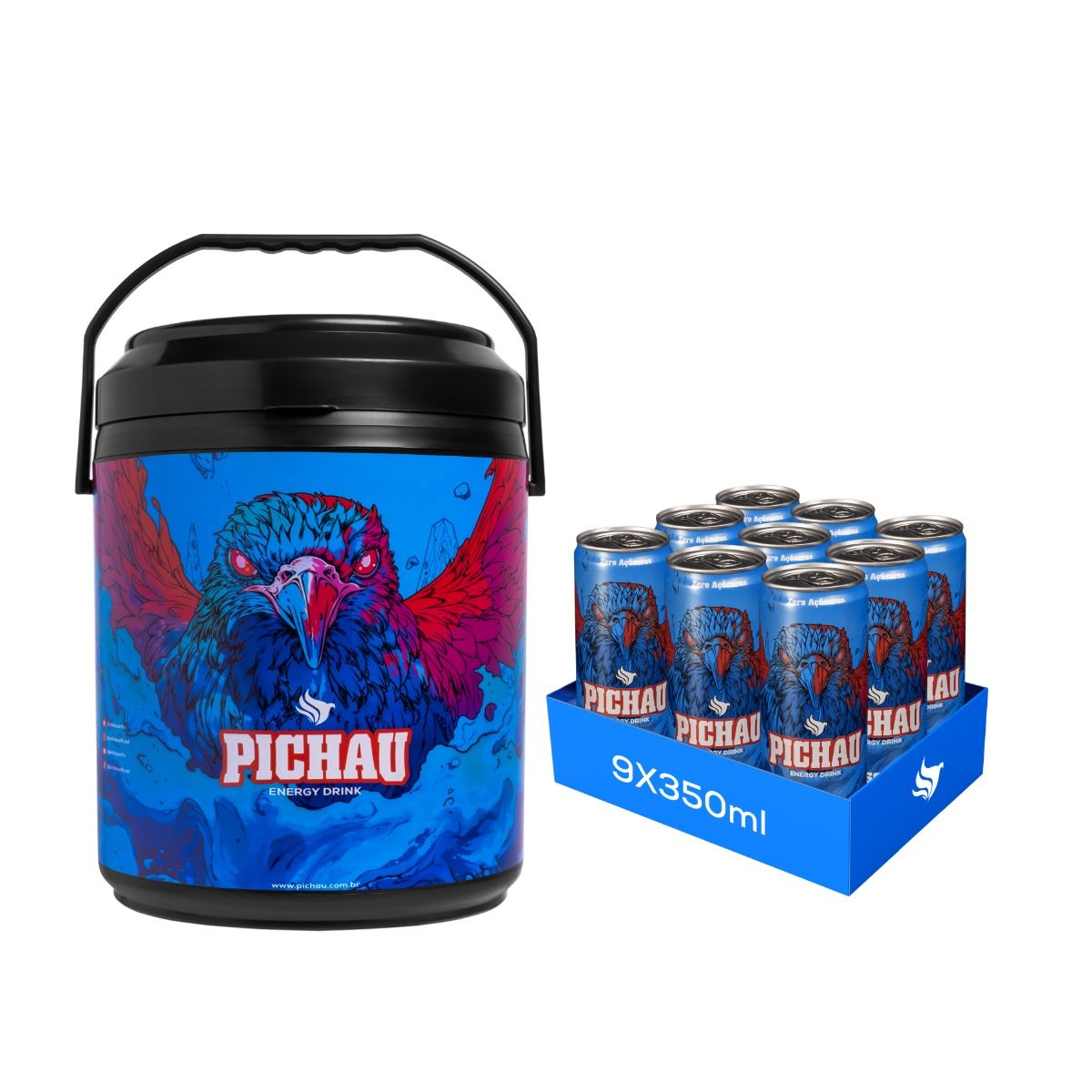 Kit Caixa Termica Pichau + Energético Pichau Zero, Lata 350Ml, Zero Açúcar, com 9 Unidades