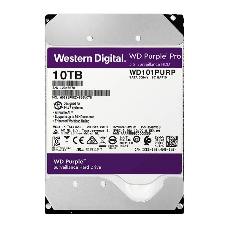 HD WD Purple, 10TB, 3.5, 7200 RPM, Sata III 6GB/s, Cache 256MB, WD101PURP