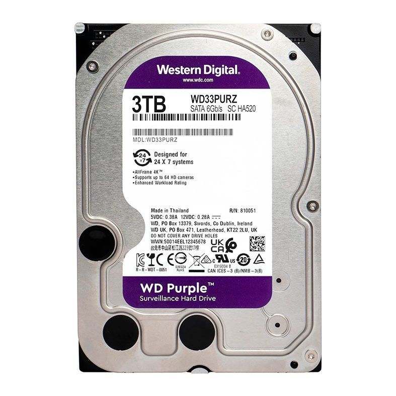 HD WD Purple, 3TB, 3.5, 5400RPM, Sata III 6GB/s, Cache 256MB, WD33PURZ