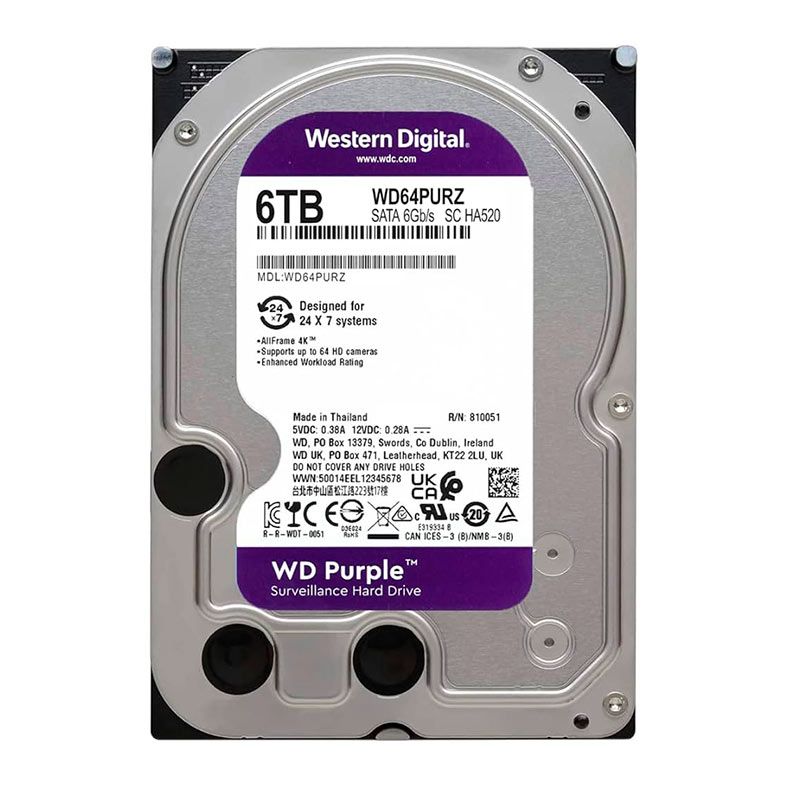 HD Western Digital WD Purple, 6TB, 3.5, 5400RPM, Sata III 6GB/s, Cache 256MB, WD64PURZ