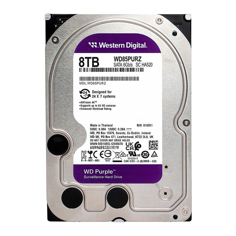 HD WD Purple Surveillance, 8TB, 3.5, 5640 RPM, Sata II 6GB/s, Cache 256MB, WD85PURZ