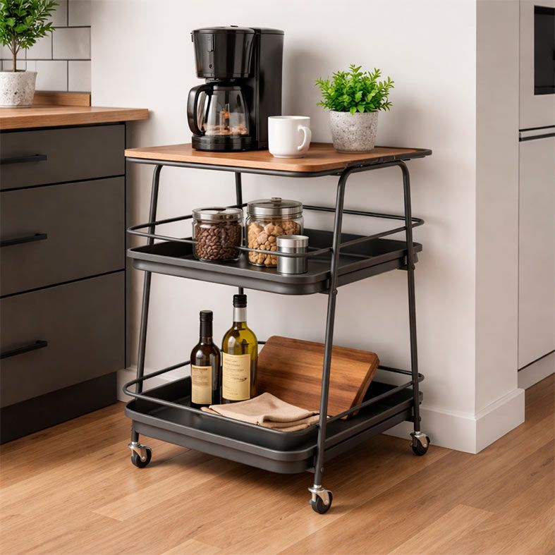 Carrinho Organizador Multiuso Zinnia Zenith ZO5, Preto e Madeira, ZNC-ZNTH-BL01