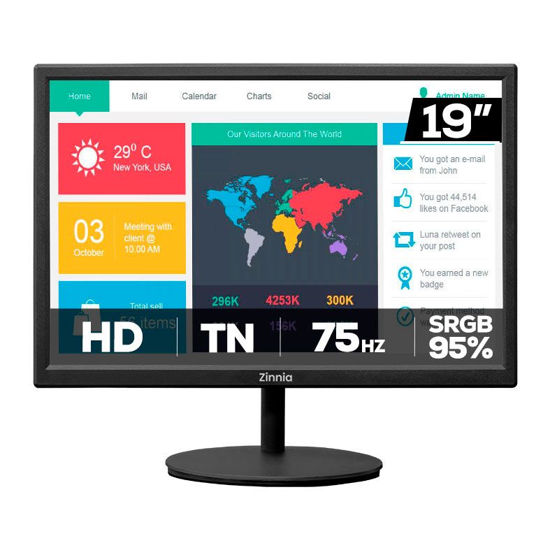 Monitor Zinnia Delfos E19, 19 Pol, TN, HD, sRGB 95, 75Hz, HDMI/VGA, ZNO-DLFE19-BL01