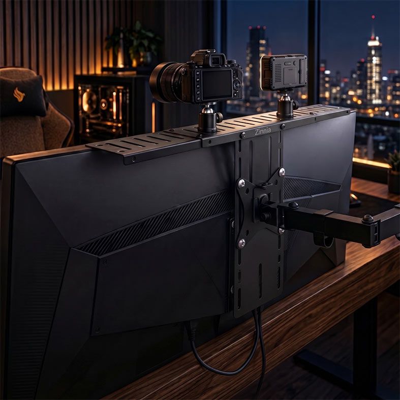 Prateleira Multiuso de Streaming Para Monitor Zinnia Core, Ajustavel, Instalacao VESA, Preto, ZNO-STCOR-BL01-V2