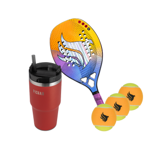 Kit Copo Térmico Pichau, Vermelho + Raquete Beach Tennis, 12K Carbon + Kit Bolas de Beach Tennis, 3 unidades