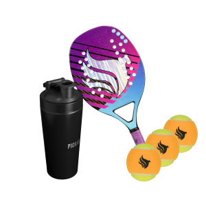 Kit Coqueteleira Pichau, Preto + Raquete Beach Tennis, Fiberglass + Kit Bolas de Beach Tennis, 3 unidades