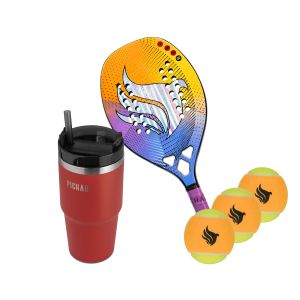 Kit Copo Térmico Pichau, Vermelho + Raquete Beach Tennis, 12K Carbon + Kit Bolas de Beach Tennis, 3 unidades