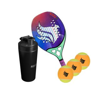 Kit Coqueteleira Pichau, Preto + Raquete Beach Tennis, 3K Carbon + Kit Bolas de Beach Tennis, 3 unidades