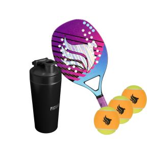 Kit Coqueteleira Pichau, Preto + Raquete Beach Tennis, Fiberglass + Kit Bolas de Beach Tennis, 3 unidades